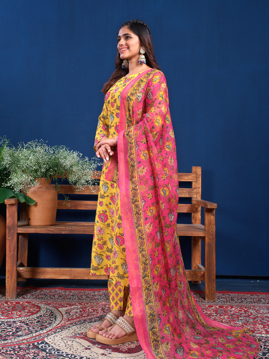 Jyoti Fashion Women's Yellow Cotton Blend Printed Designer Kurta Set with Dupatta