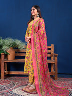 Jyoti Fashion Women's Yellow Cotton Blend Printed Designer Kurta Set with Dupatta