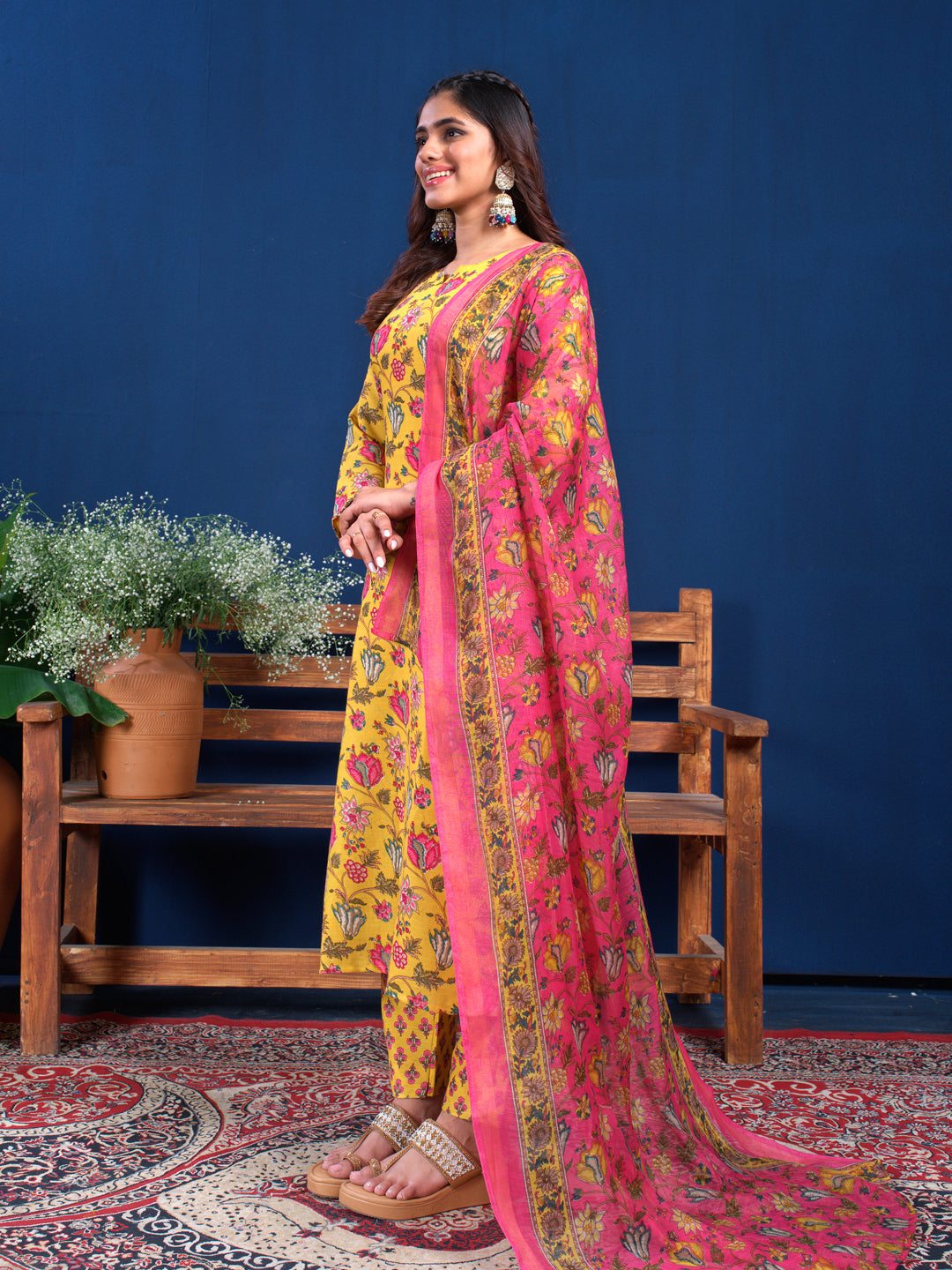 Jyoti Fashion Women's Yellow Cotton Blend Printed Designer Kurta Set with Dupatta