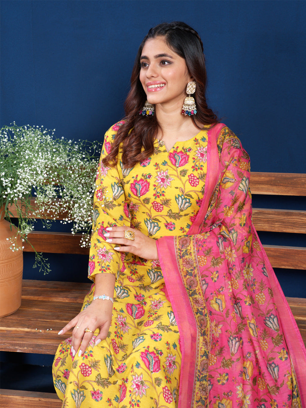 Jyoti Fashion Women's Yellow Cotton Blend Printed Designer Kurta Set with Dupatta