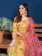 Jyoti Fashion Women's Yellow Cotton Blend Printed Designer Kurta Set with Dupatta