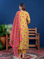 Jyoti Fashion Women's Yellow Cotton Blend Printed Designer Kurta Set with Dupatta