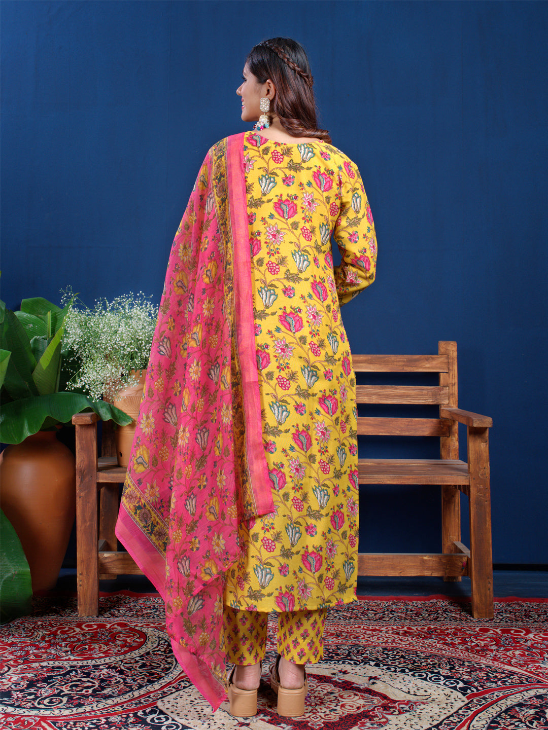 Jyoti Fashion Women's Yellow Cotton Blend Printed Designer Kurta Set with Dupatta