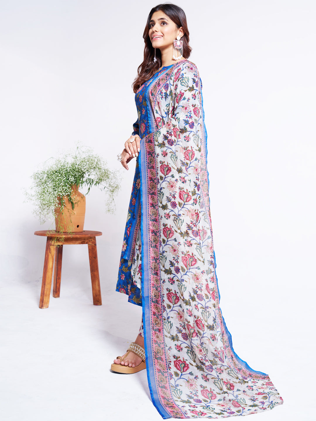 Jyoti Fashion Women's Blue Cotton Blend Printed Designer Kurta Set with Dupatta