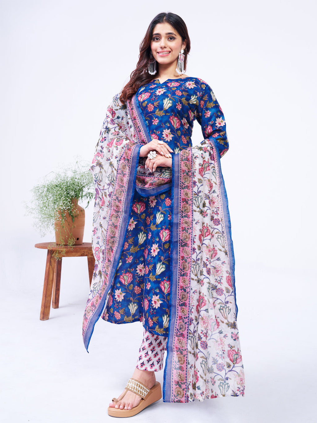 Jyoti Fashion Women's Blue Cotton Blend Printed Designer Kurta Set with Dupatta