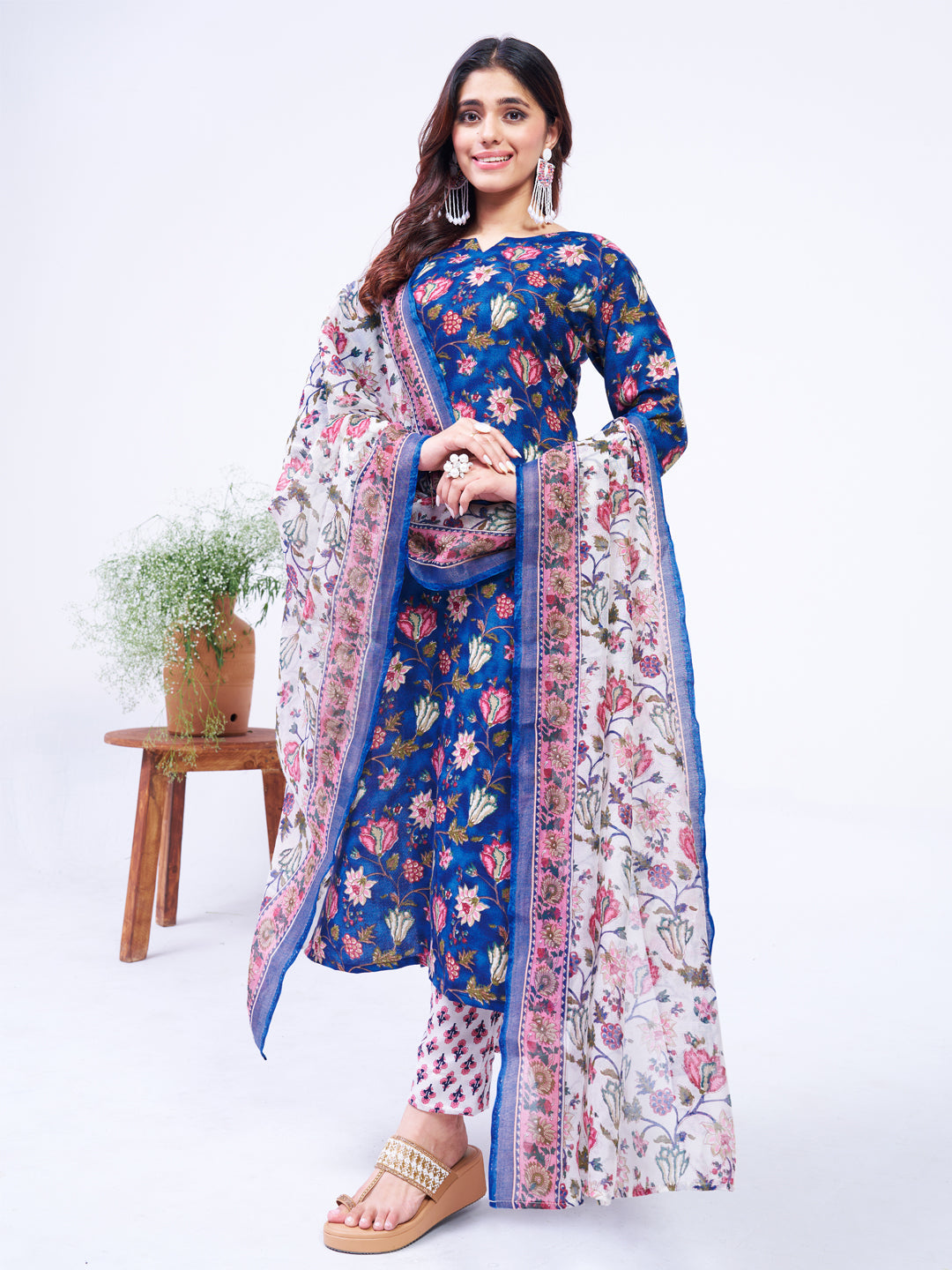 Jyoti Fashion Women's Blue Cotton Blend Printed Designer Kurta Set with Dupatta