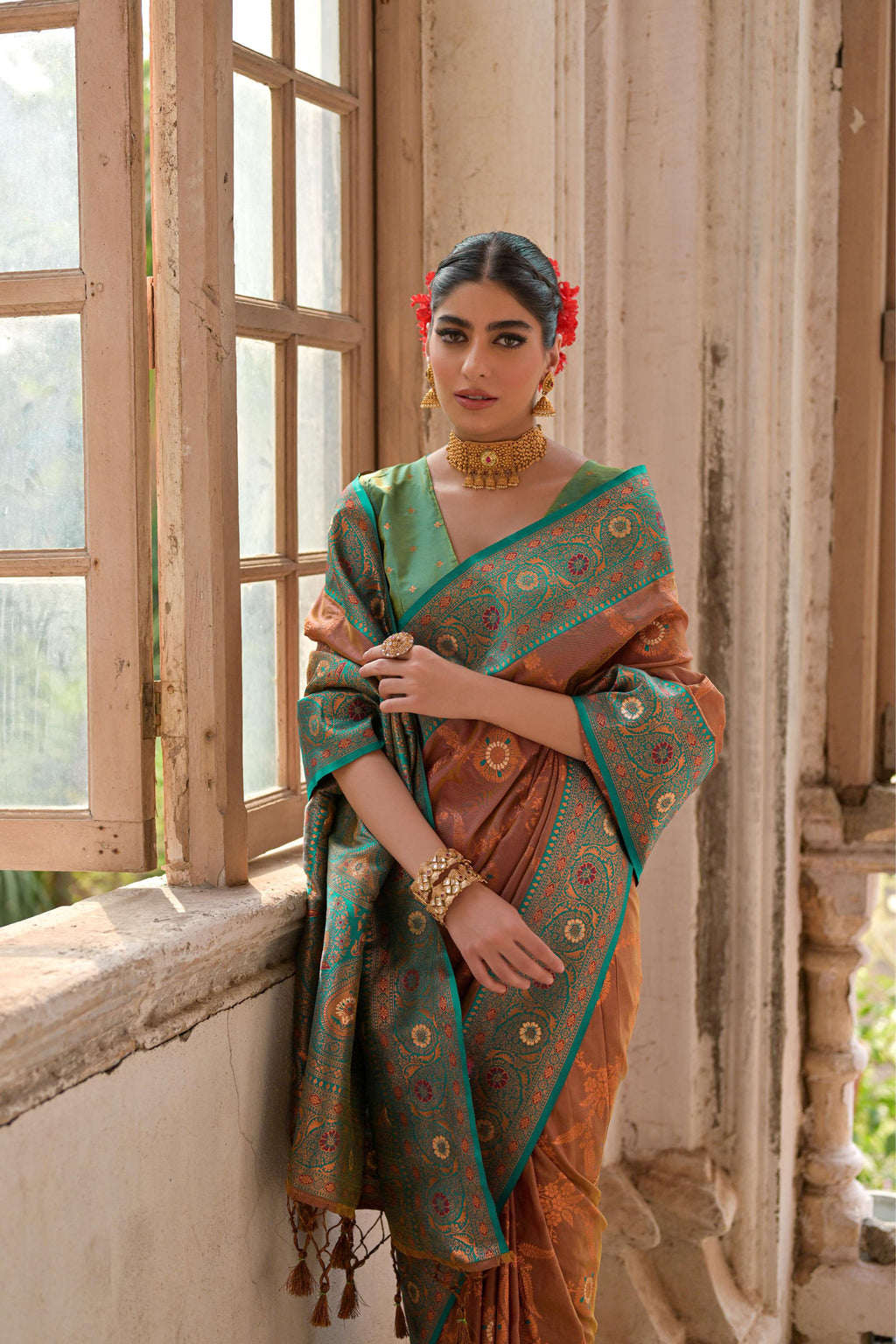 Jyoti Fashion Women's Brown Banarasi Silk Zari Woven Traditional Saree with Blouse