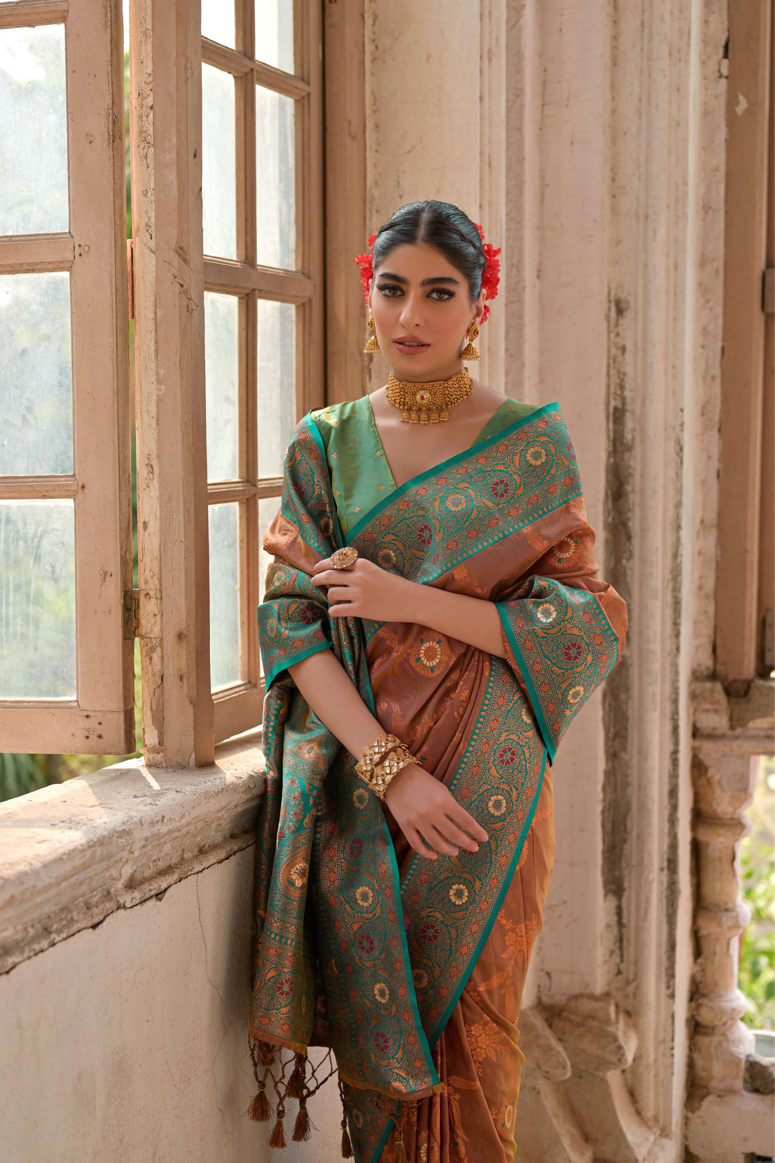 Jyoti Fashion Women's Brown Banarasi Silk Zari Woven Traditional Saree with Blouse