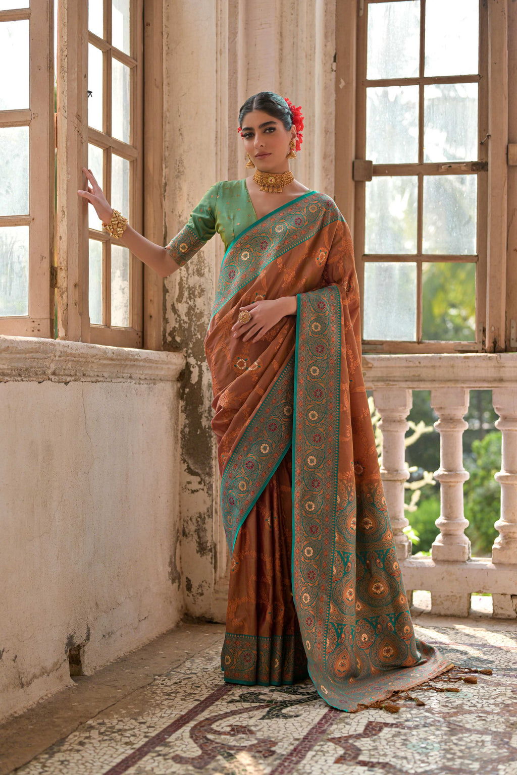 Jyoti Fashion Women's Brown Banarasi Silk Zari Woven Traditional Saree with Blouse