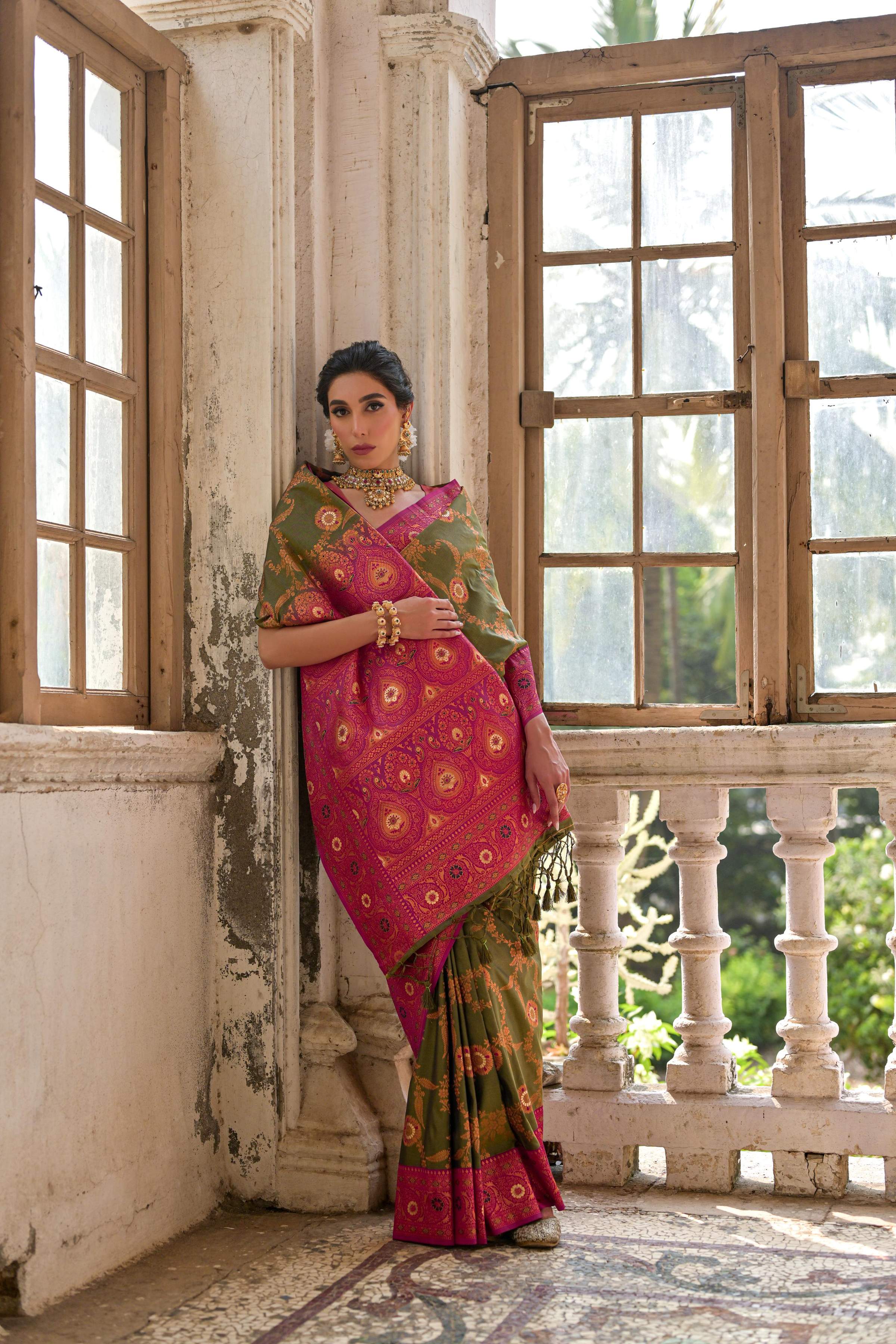Jyoti Fashion Women's Mehendi Banarasi Silk Zari Woven Traditional Saree with Blouse