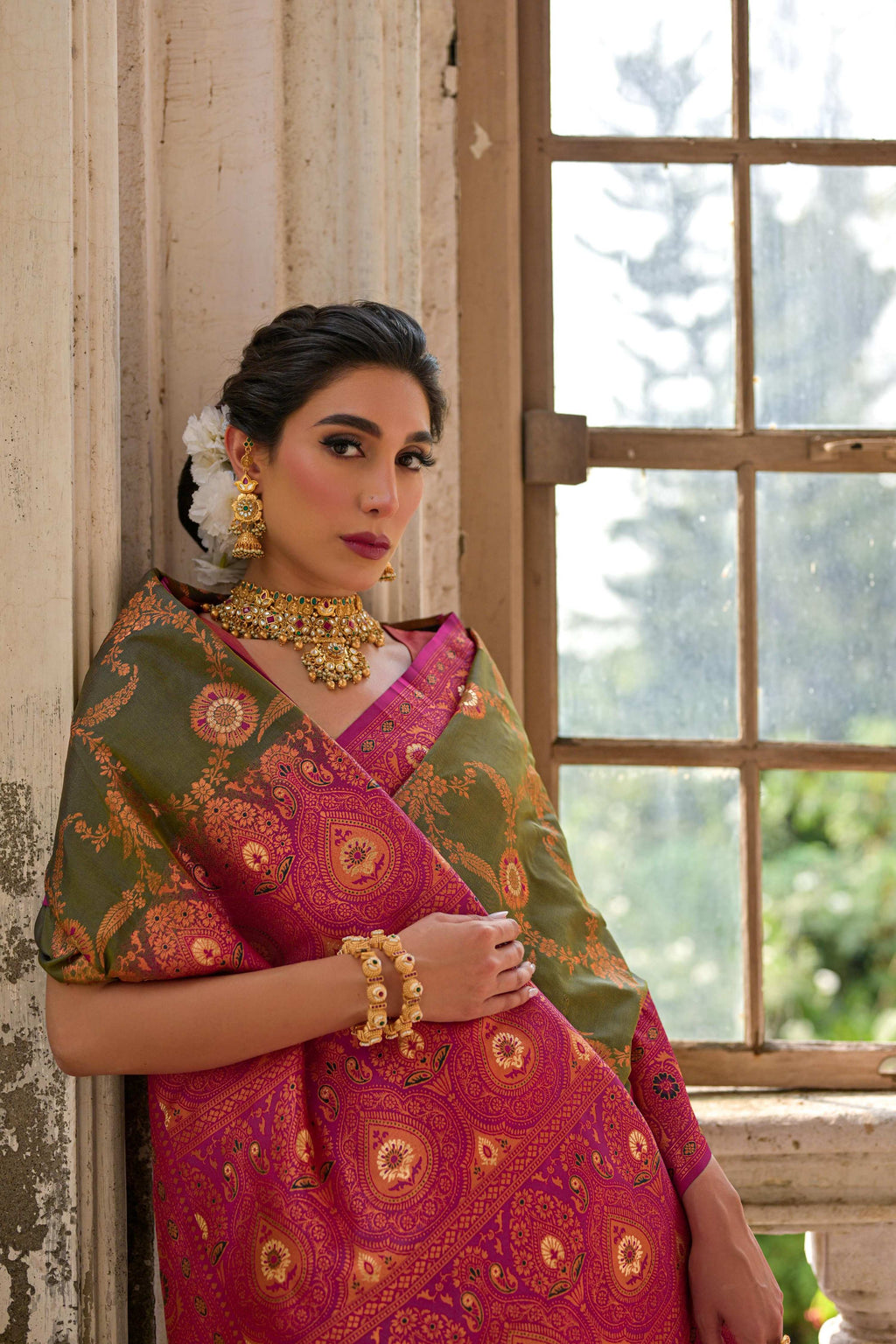 Jyoti Fashion Women's Mehendi Banarasi Silk Zari Woven Traditional Saree with Blouse
