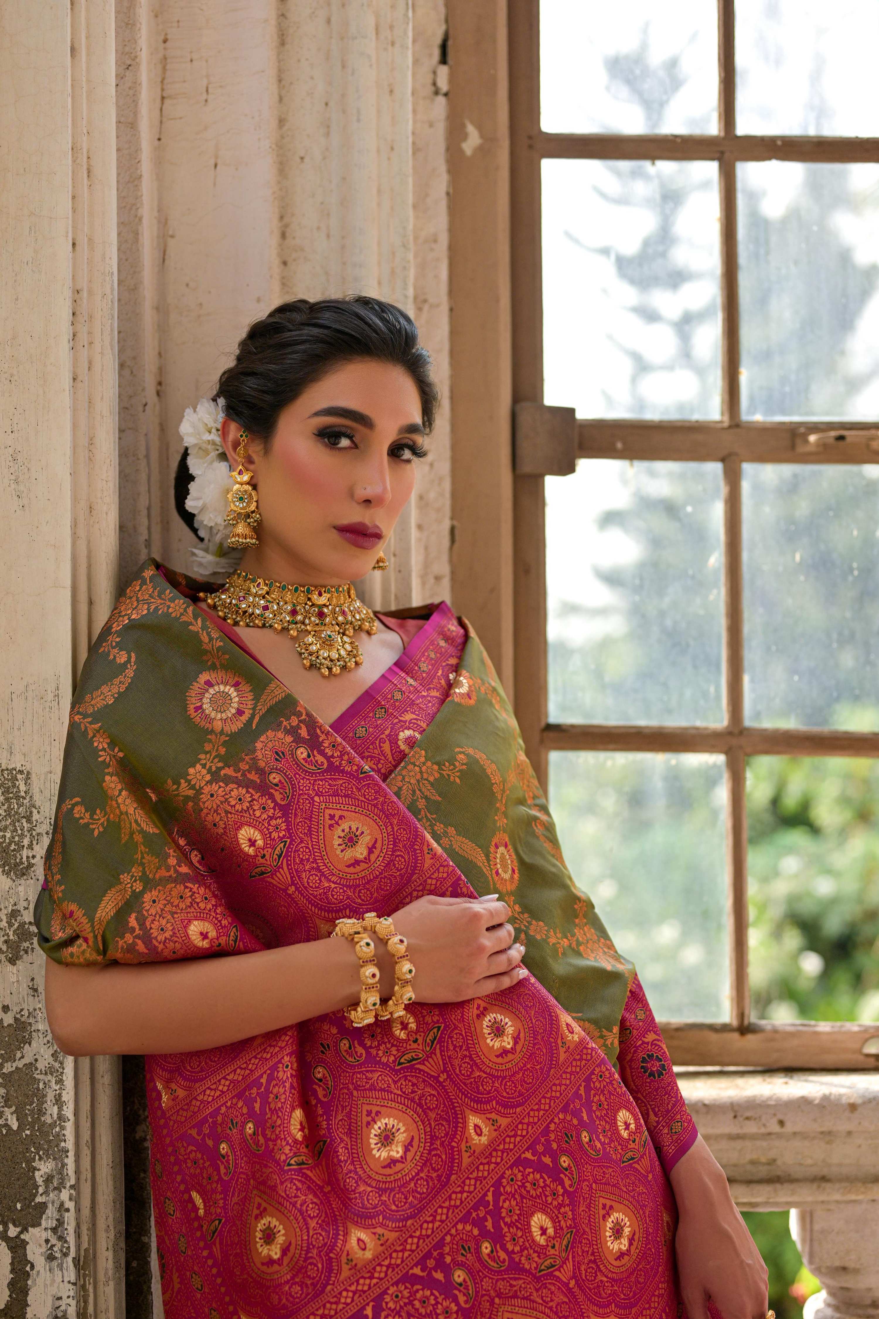Jyoti Fashion Women's Mehendi Banarasi Silk Zari Woven Traditional Saree with Blouse