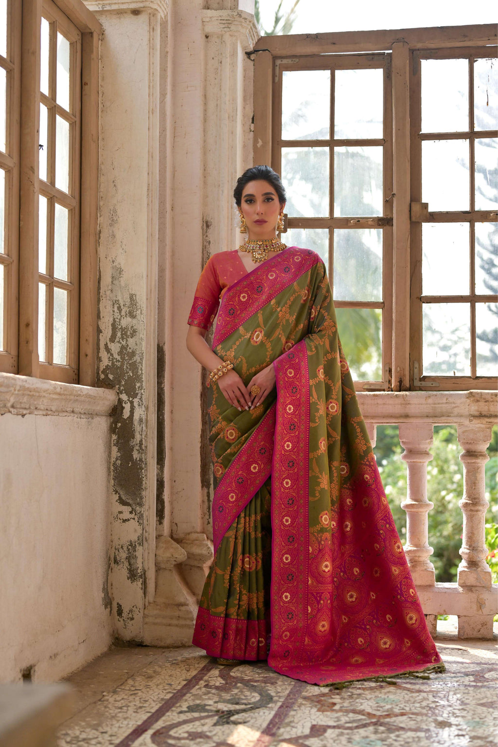 Jyoti Fashion Women's Mehendi Banarasi Silk Zari Woven Traditional Saree with Blouse