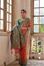 Jyoti Fashion Women's Orange Banarasi Silk Zari Woven Traditional Saree with Blouse
