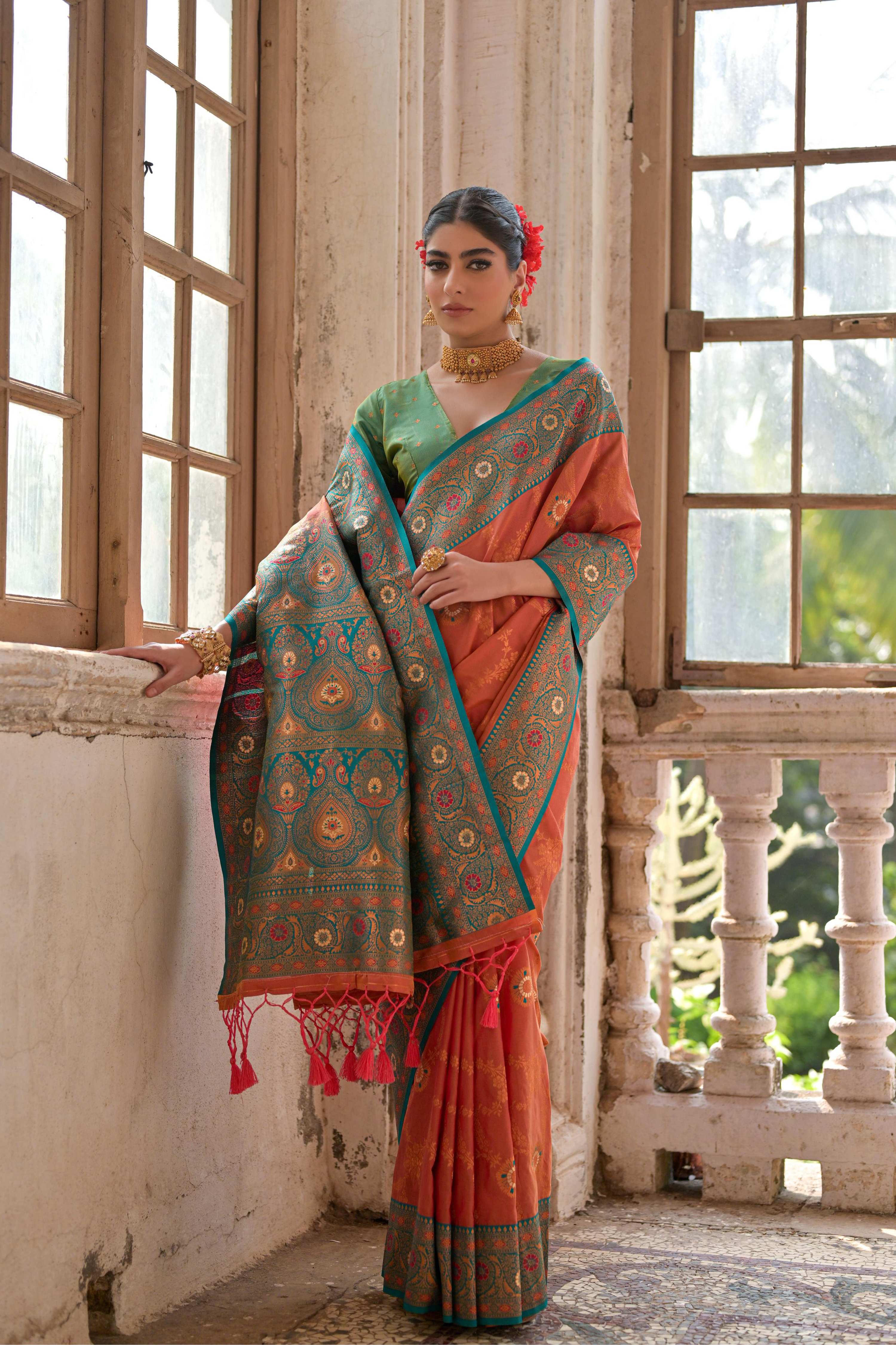 Jyoti Fashion Women's Orange Banarasi Silk Zari Woven Traditional Saree with Blouse