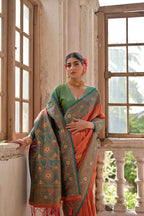 Jyoti Fashion Women's Orange Banarasi Silk Zari Woven Traditional Saree with Blouse