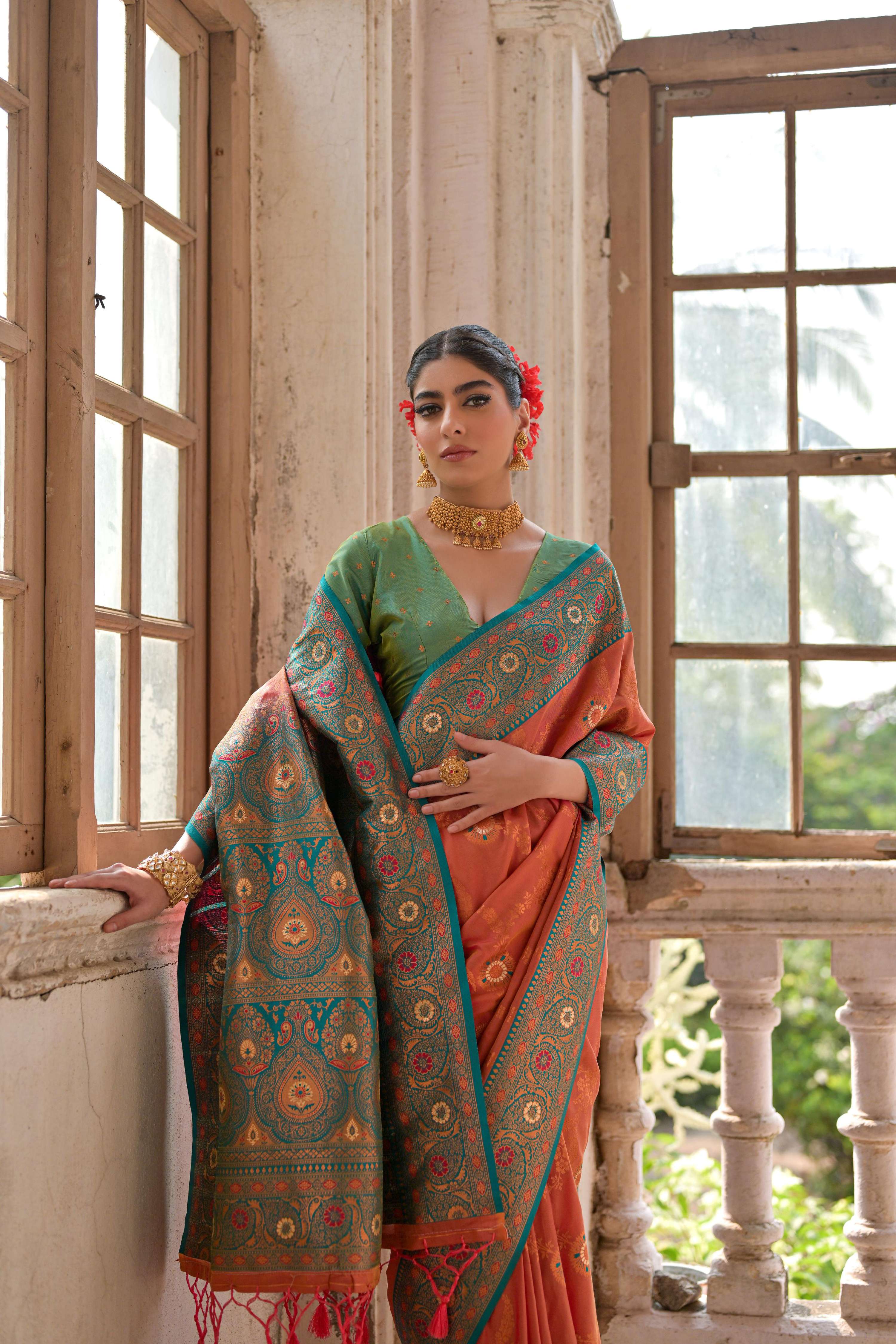 Jyoti Fashion Women's Orange Banarasi Silk Zari Woven Traditional Saree with Blouse