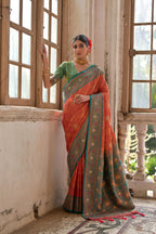 Jyoti Fashion Women's Orange Banarasi Silk Zari Woven Traditional Saree with Blouse
