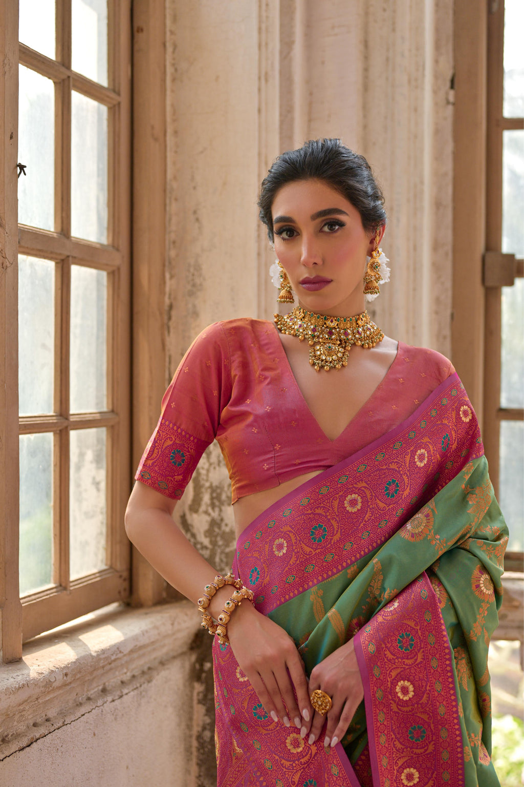 Jyoti Fashion Women's Pista Green Banarasi Silk Zari Woven Traditional Saree with Blouse