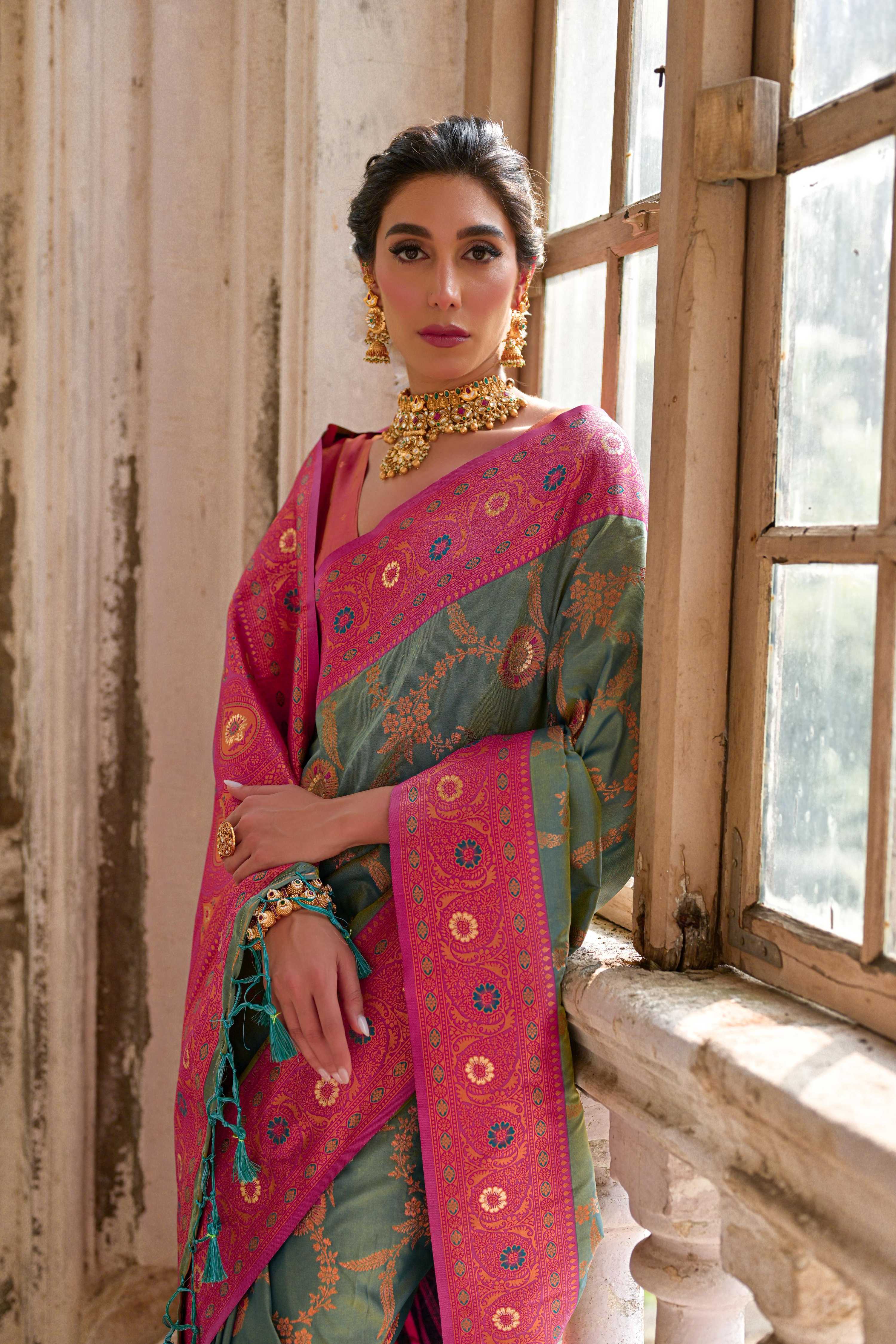 Jyoti Fashion Women's Rama Banarasi Silk Zari Woven Traditional Saree with Blouse