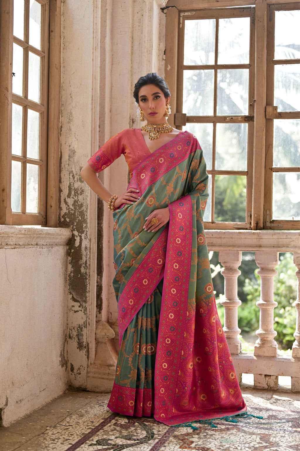Jyoti Fashion Women's Rama Banarasi Silk Zari Woven Traditional Saree with Blouse