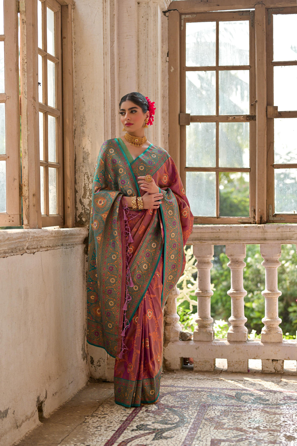 Jyoti Fashion Women's Wine Banarasi Silk Zari Woven Traditional Saree with Blouse