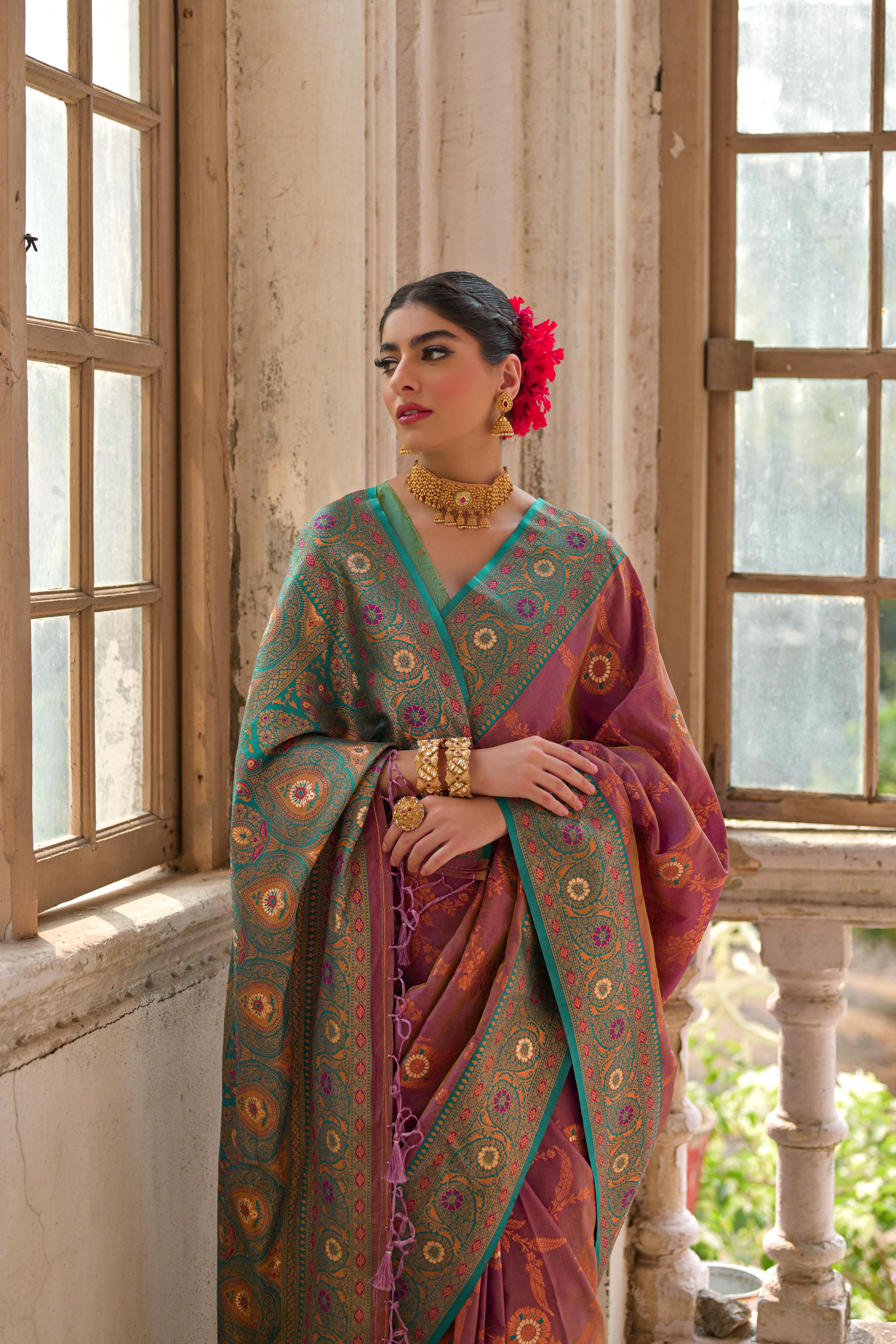 Jyoti Fashion Women's Wine Banarasi Silk Zari Woven Traditional Saree with Blouse