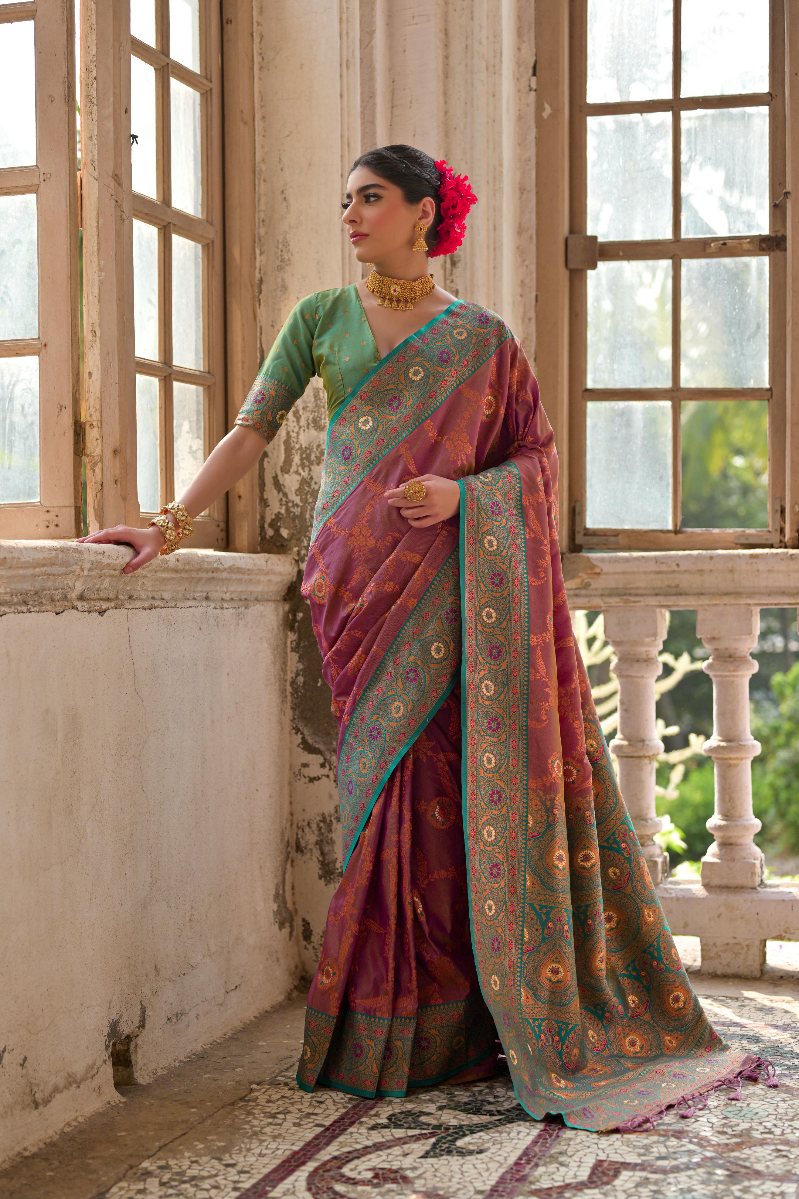 Jyoti Fashion Women's Wine Banarasi Silk Zari Woven Traditional Saree with Blouse