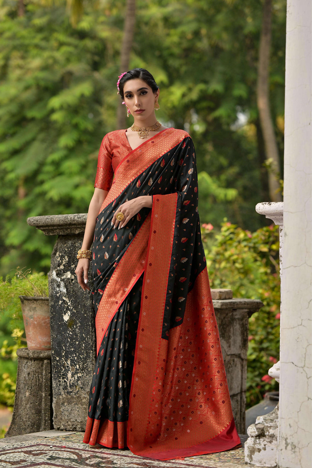 Jyoti Fashion Women's Black Banarasi Silk Zari Woven Traditional Saree with Blouse - Distacart