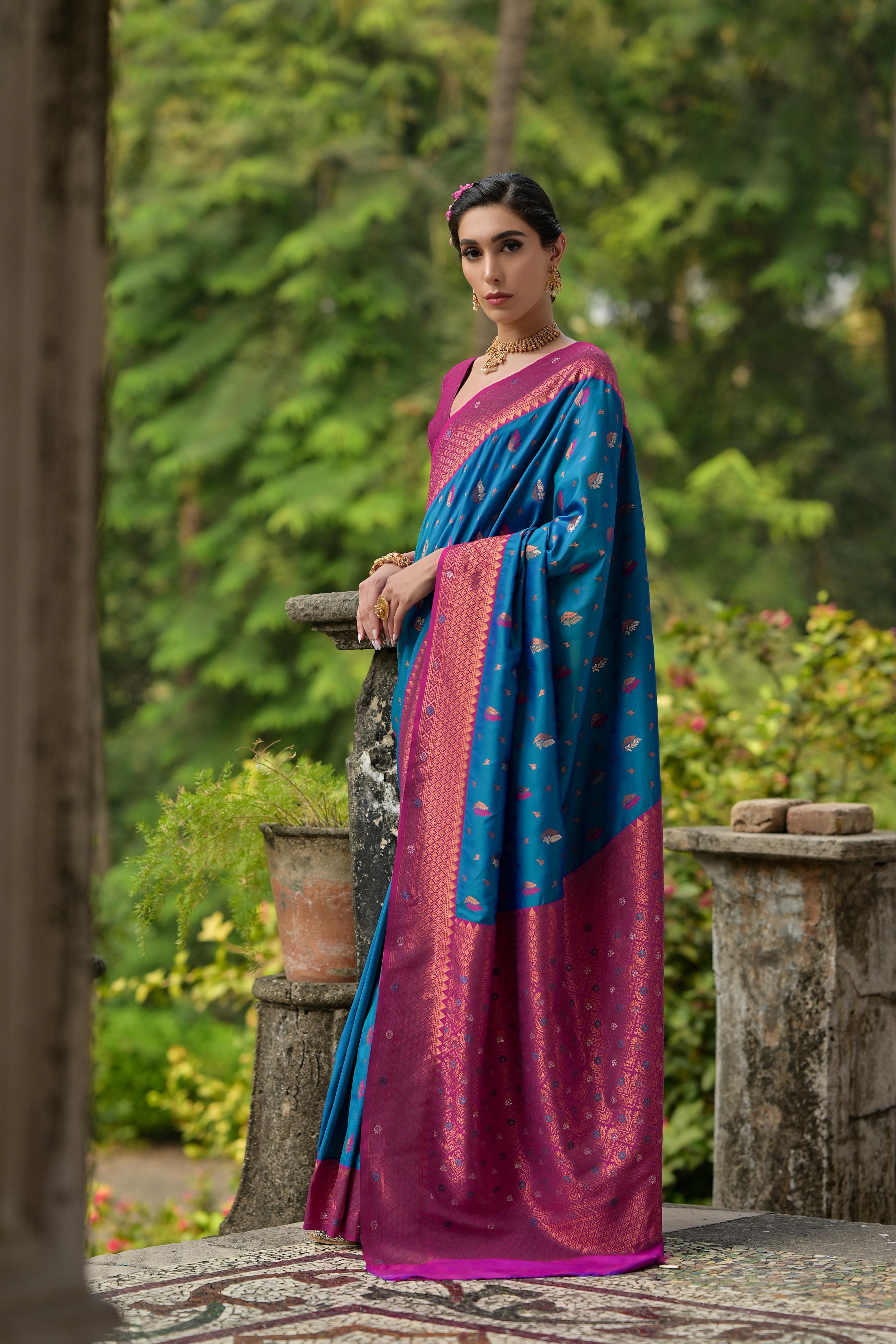 Jyoti Fashion Women's Blue Banarasi Silk Zari Woven Traditional Saree with Blouse - Distacart