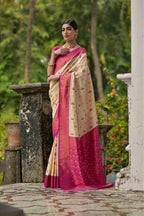 Jyoti Fashion Women's Cream Banarasi Silk Zari Woven Traditional Saree with Blouse - Distacart