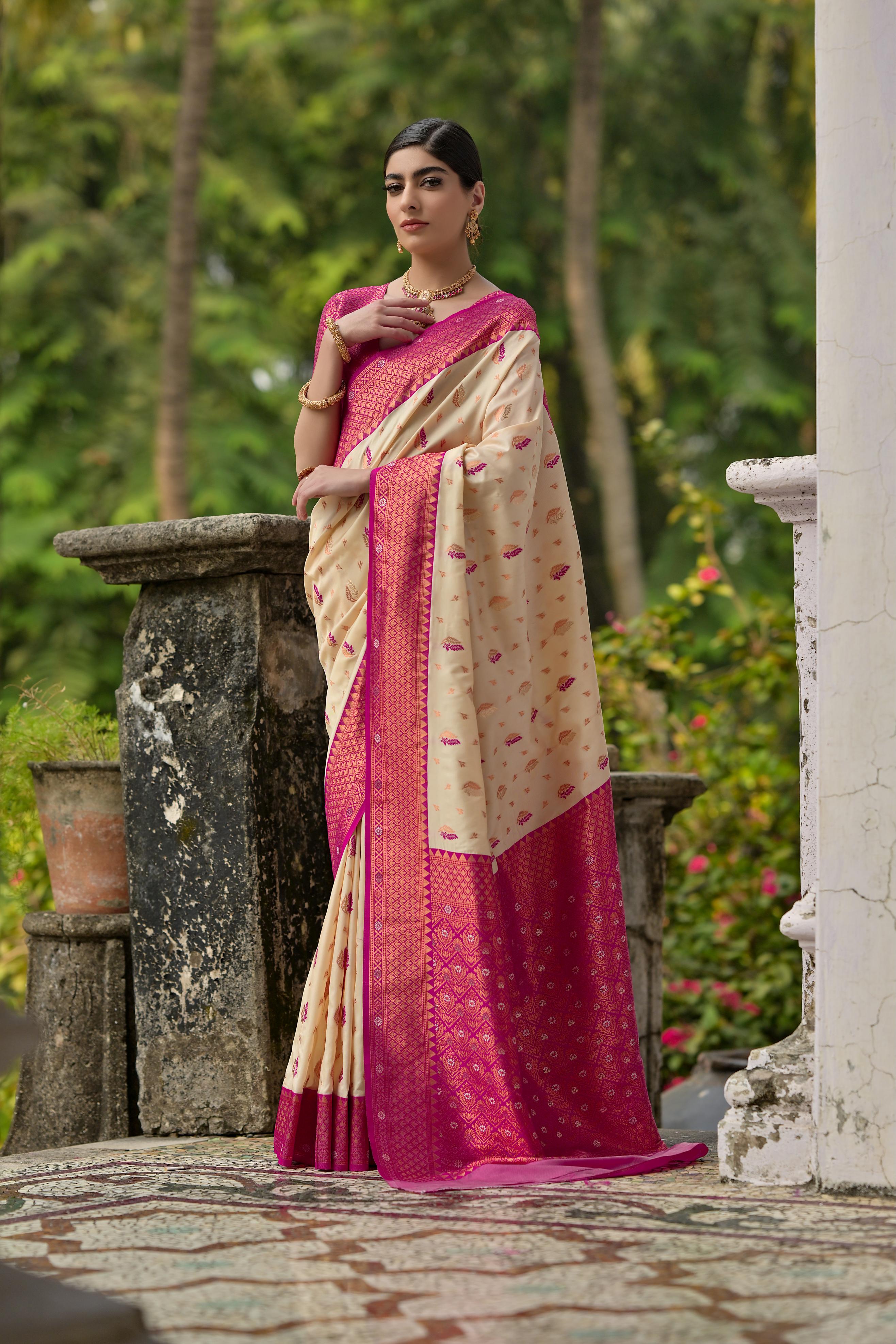 Jyoti Fashion Women's Cream Banarasi Silk Zari Woven Traditional Saree with Blouse - Distacart