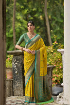 Jyoti Fashion Women's Lemon Yellow Banarasi Silk Zari Woven Traditional Saree with Blouse