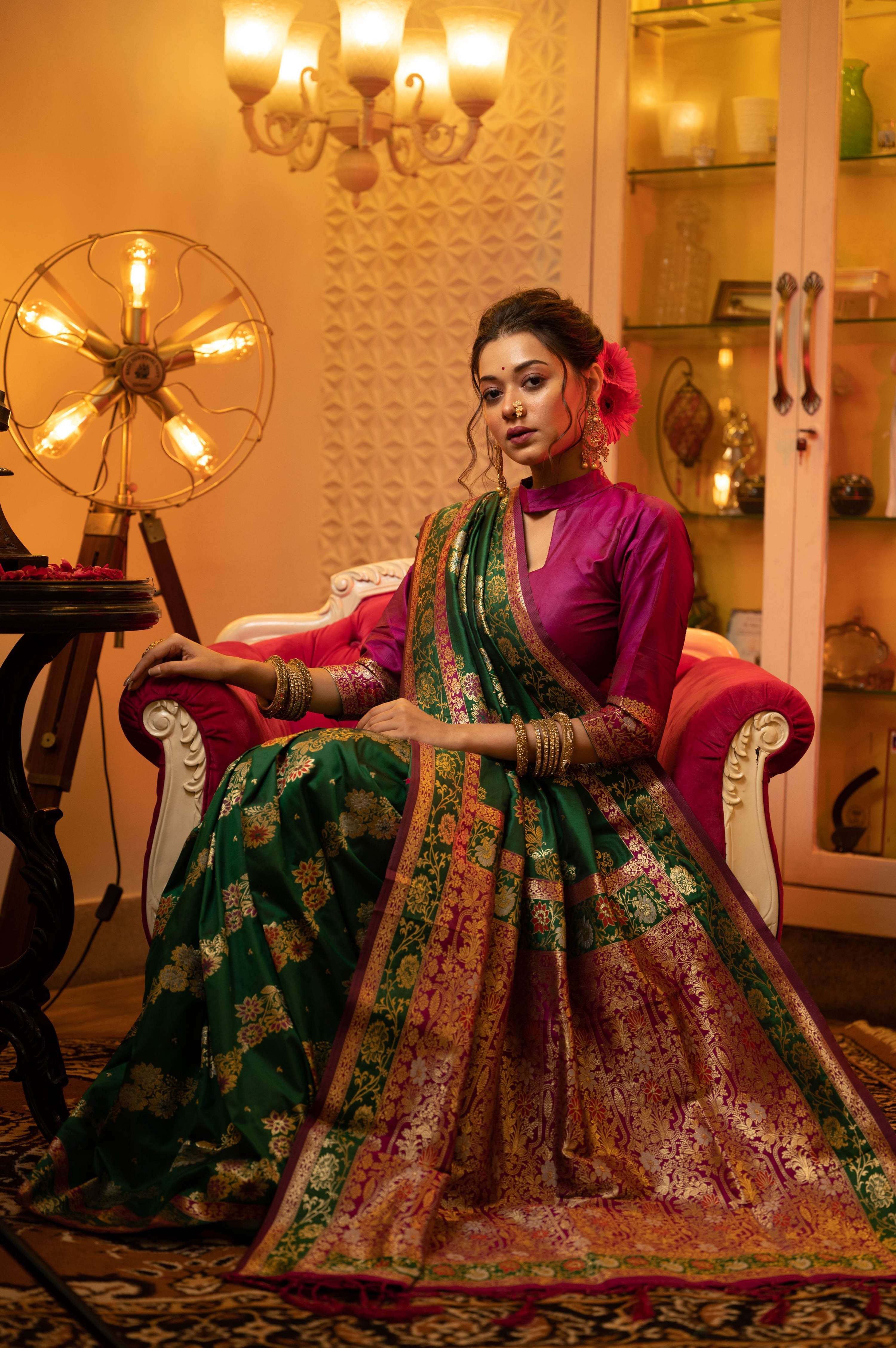 Jyoti Fashion Women's Green Soft Banarasi Silk Zari Woven Traditional Saree with Blouse - Distacart