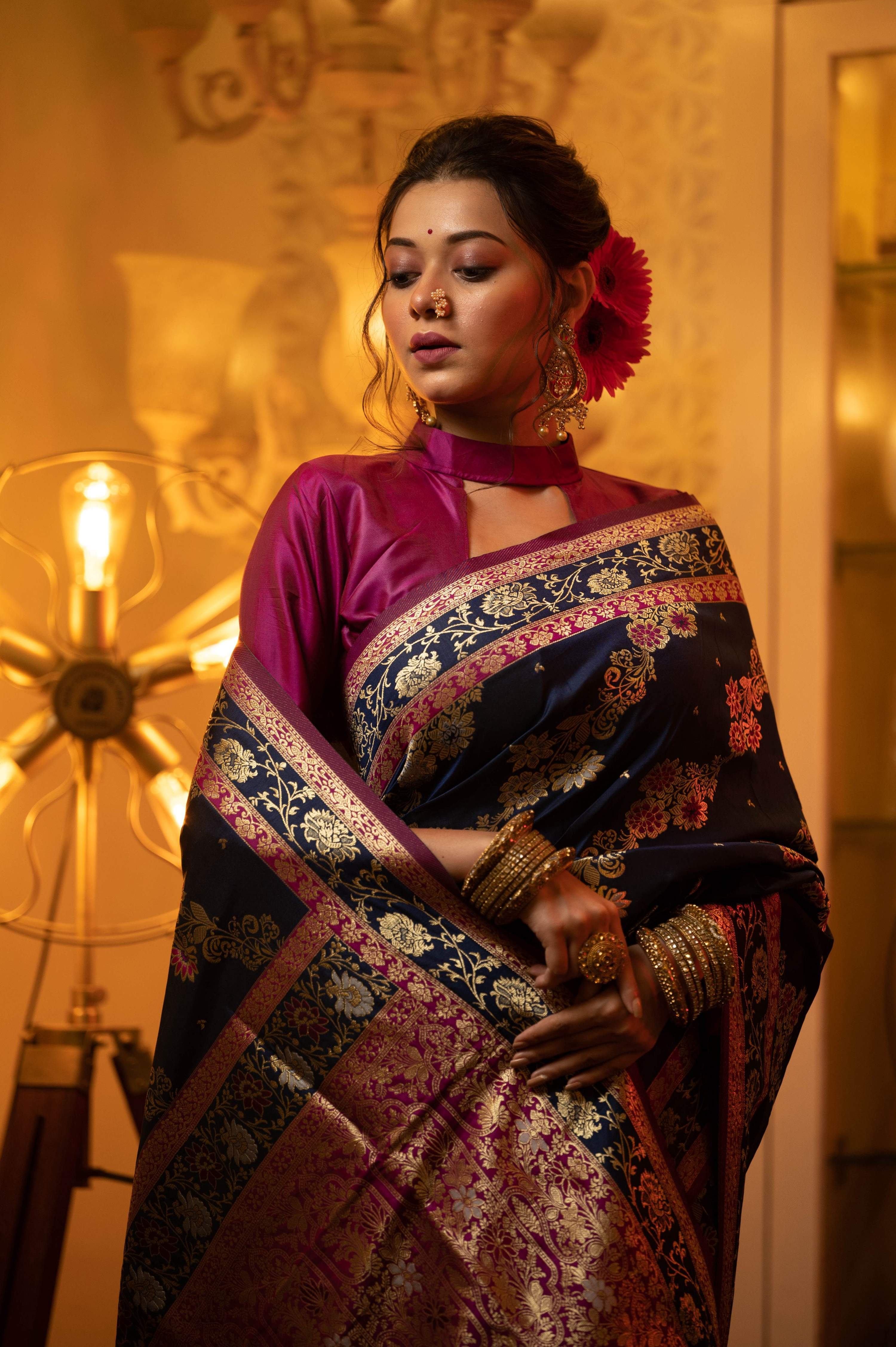 Jyoti Fashion Women's Navy Blue Soft Banarasi Silk Zari Woven Traditional Saree with Blouse - Distacart