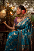 Jyoti Fashion Women's Firozi Soft Banarasi Silk Zari Woven Traditional Saree with Blouse - Distacart