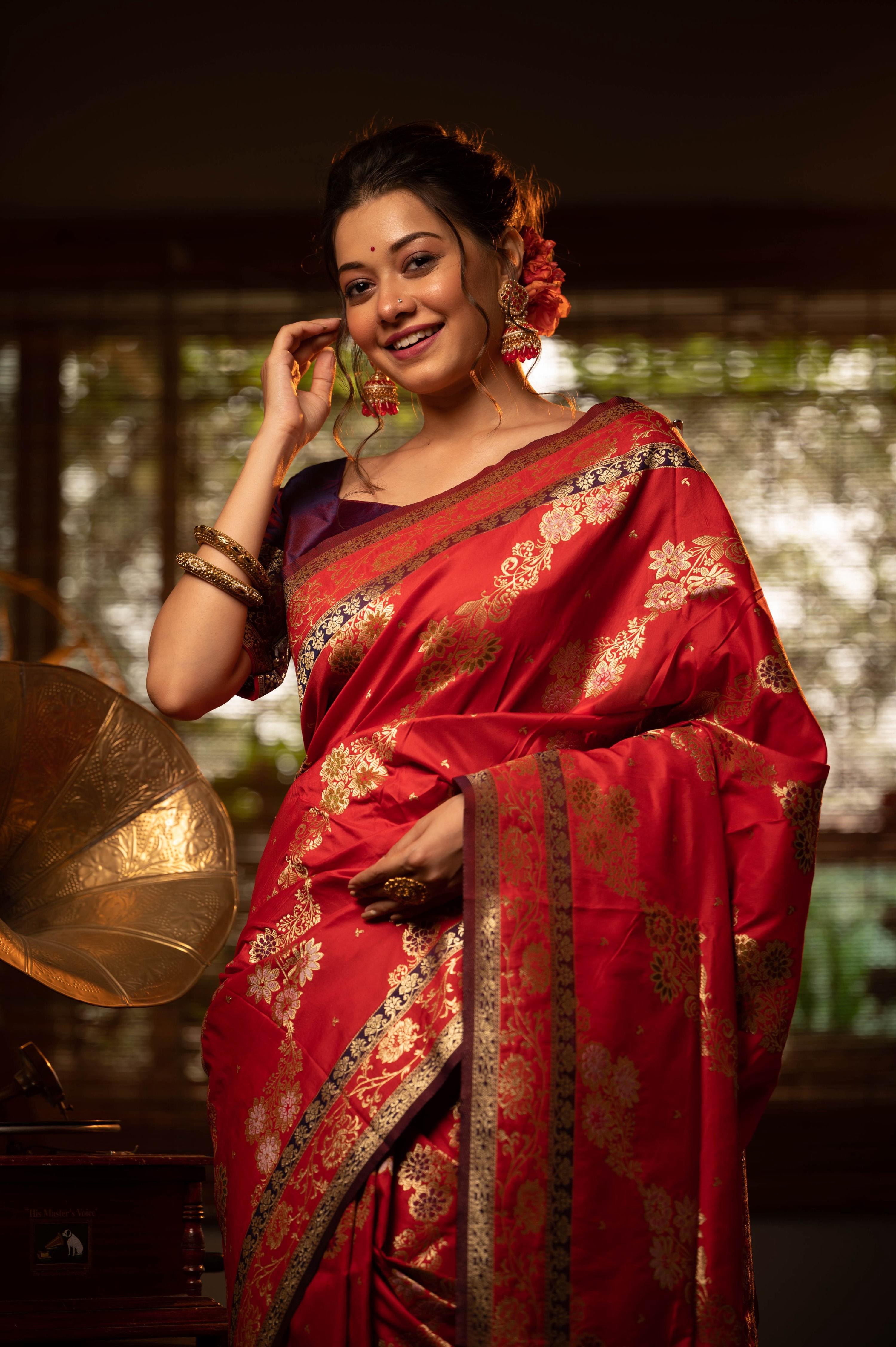 Jyoti Fashion Women's Red Soft Banarasi Silk Zari Woven Traditional Saree with Blouse - Distacart