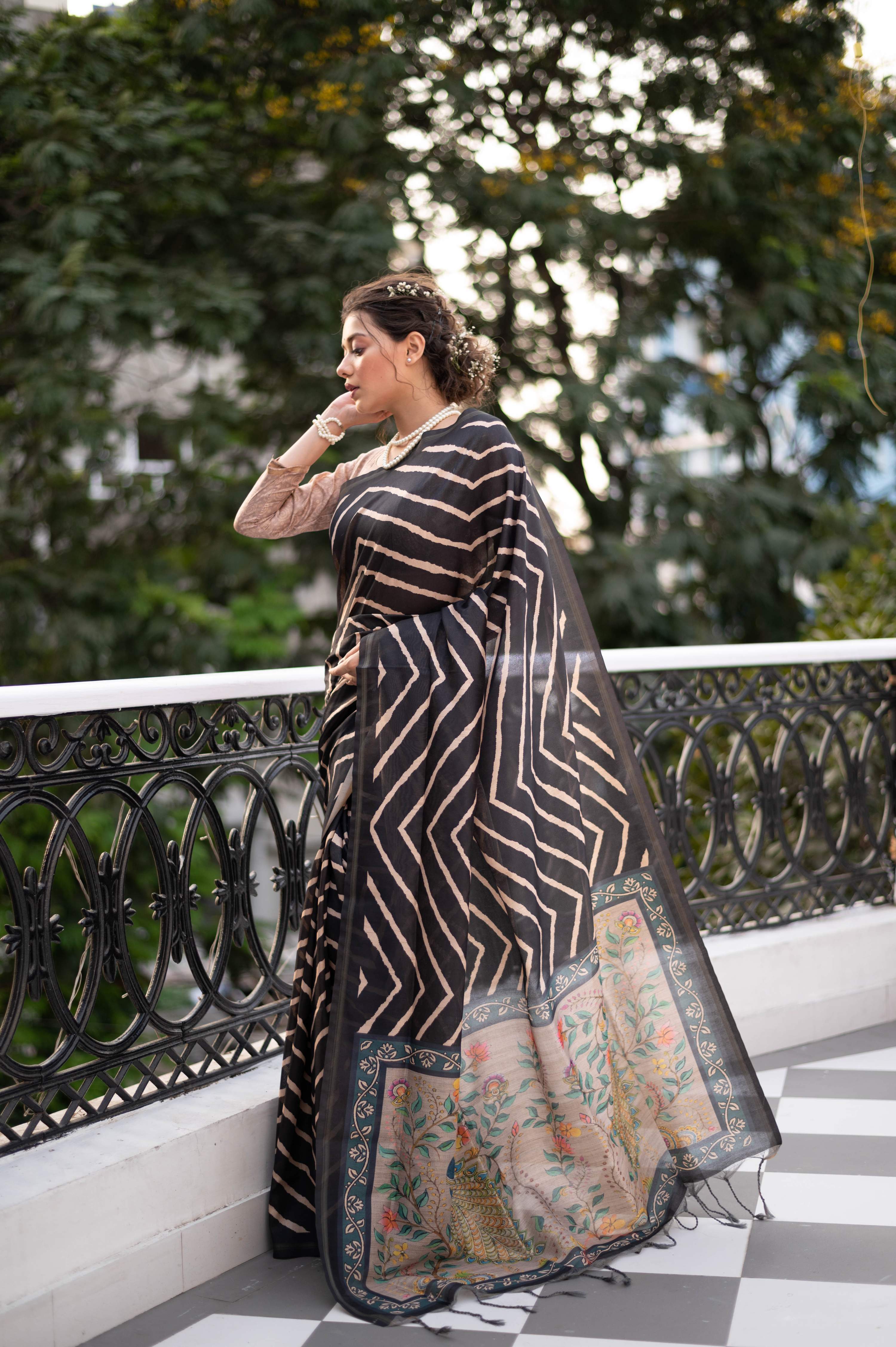 Jyoti Fashion Women's Black Tussar Silk Leheriya Print with Zari Border Saree with Blouse - Distacart