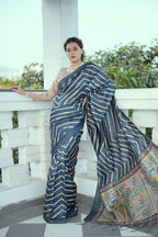 Jyoti Fashion Women's Blue Tussar Silk Leheriya Print with Zari Border Saree with Blouse - Distacart