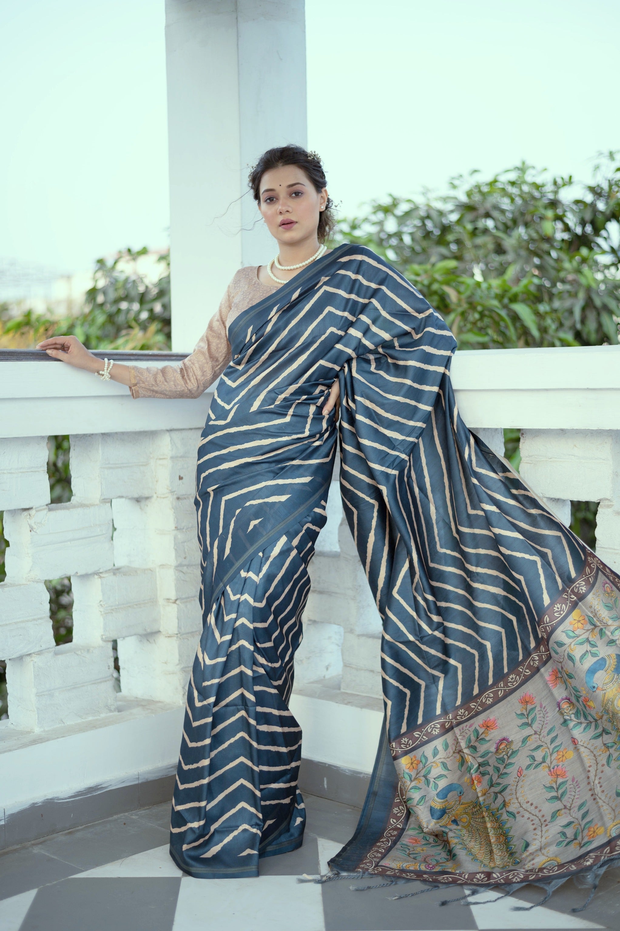 Jyoti Fashion Women's Blue Tussar Silk Leheriya Print with Zari Border Saree with Blouse - Distacart