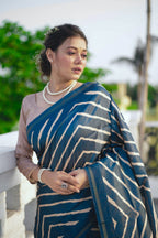 Jyoti Fashion Women's Blue Tussar Silk Leheriya Print with Zari Border Saree with Blouse - Distacart