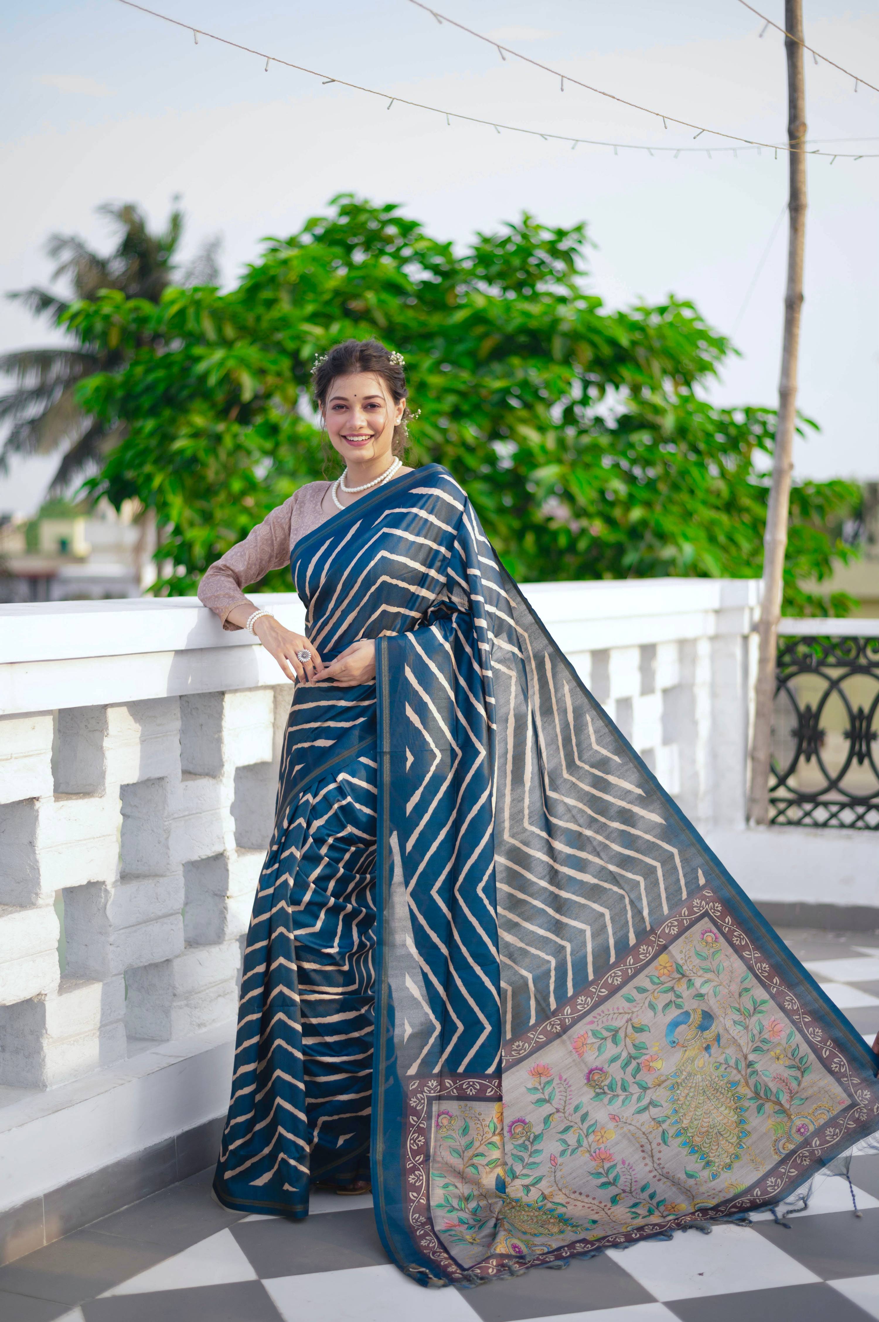 Jyoti Fashion Women's Blue Tussar Silk Leheriya Print with Zari Border Saree with Blouse - Distacart