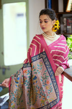 Jyoti Fashion Women's Pink Tussar Silk Leheriya Print with Zari Border Saree with Blouse - Distacart