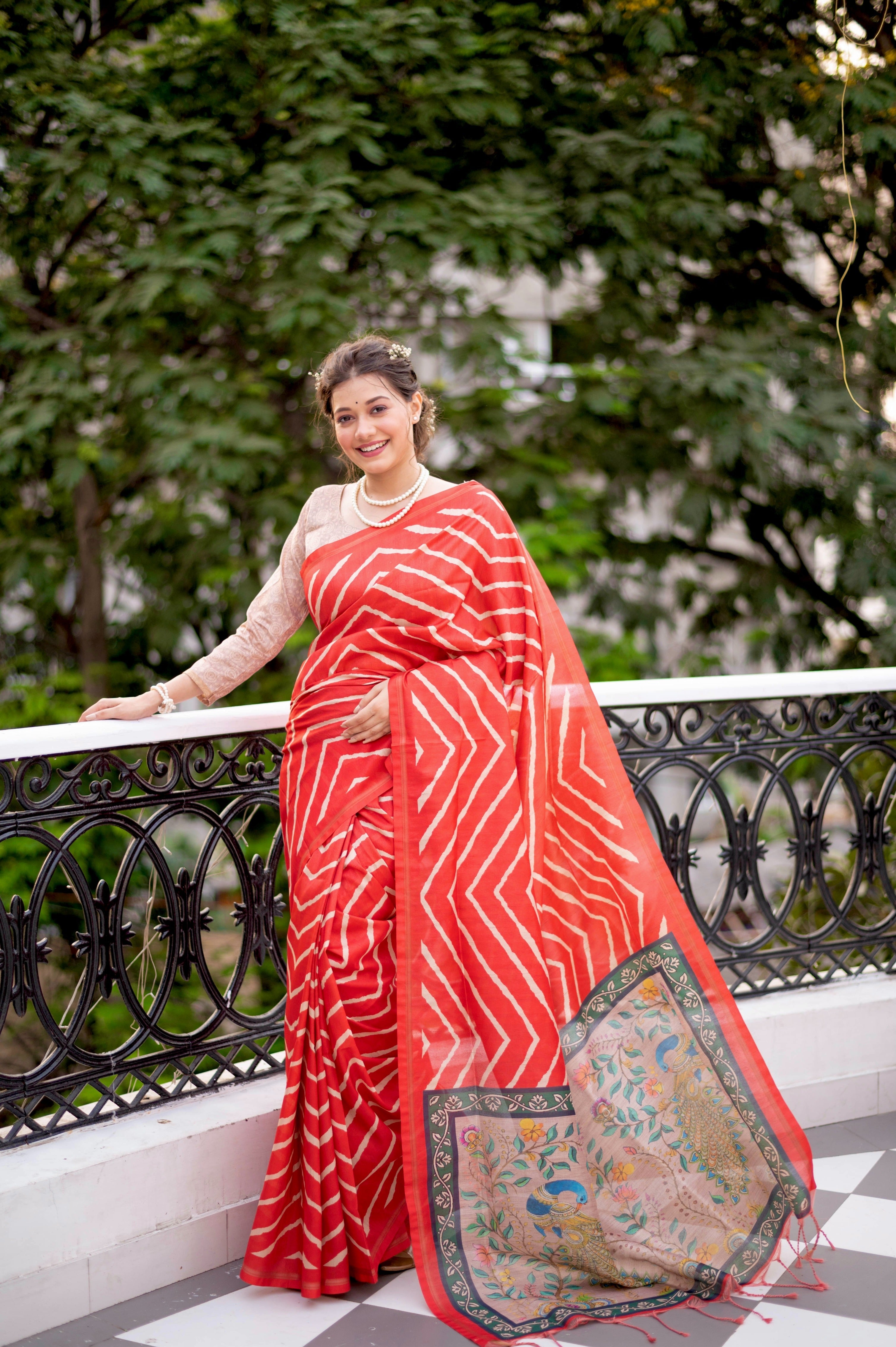 Jyoti Fashion Women's Red Tussar Silk Leheriya Print with Zari Border Saree with Blouse - Distacart