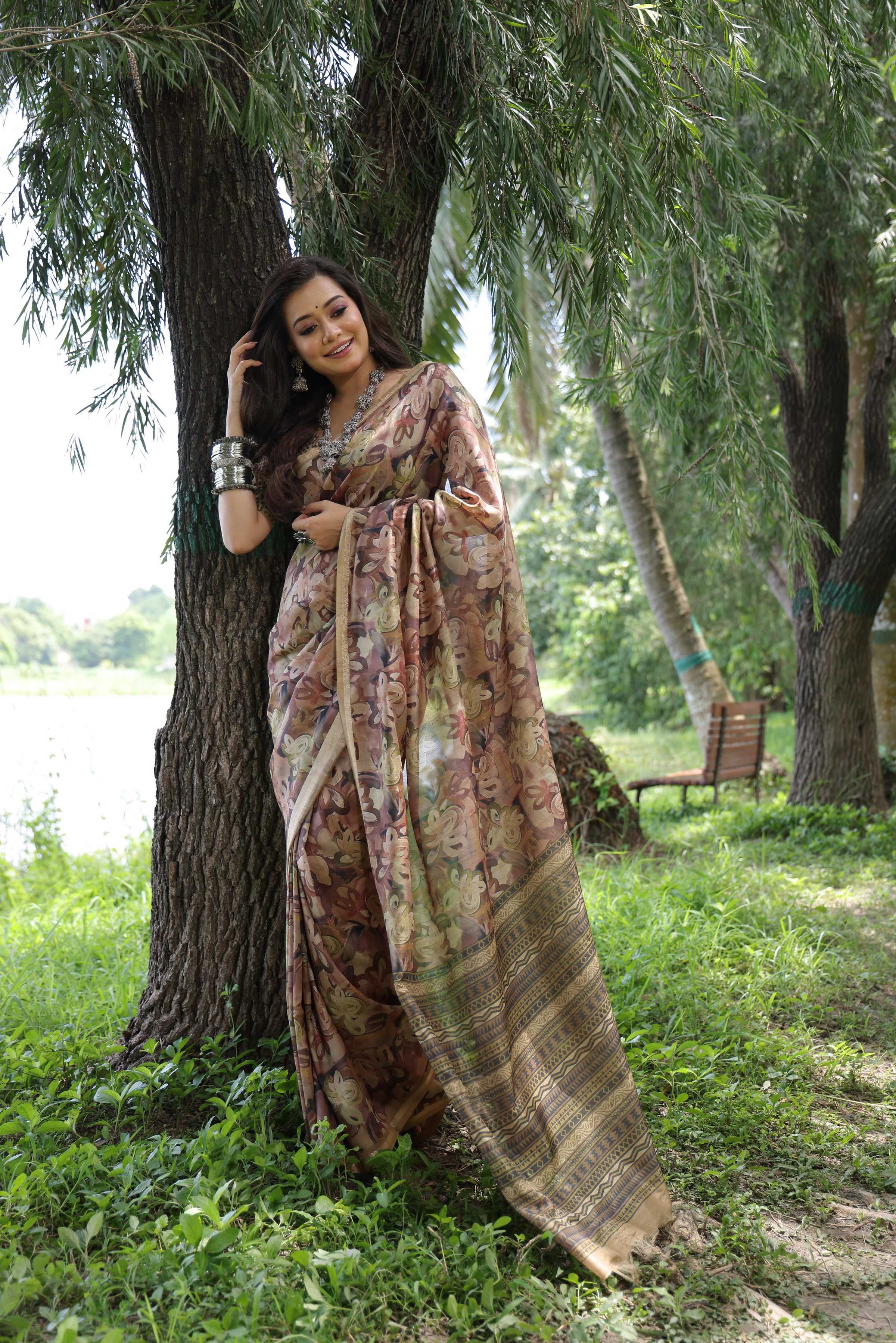 Jyoti Fashion Women's Coffee Soft Tussar Silk Printed and Zari Woven Saree with Blouse - Distacart