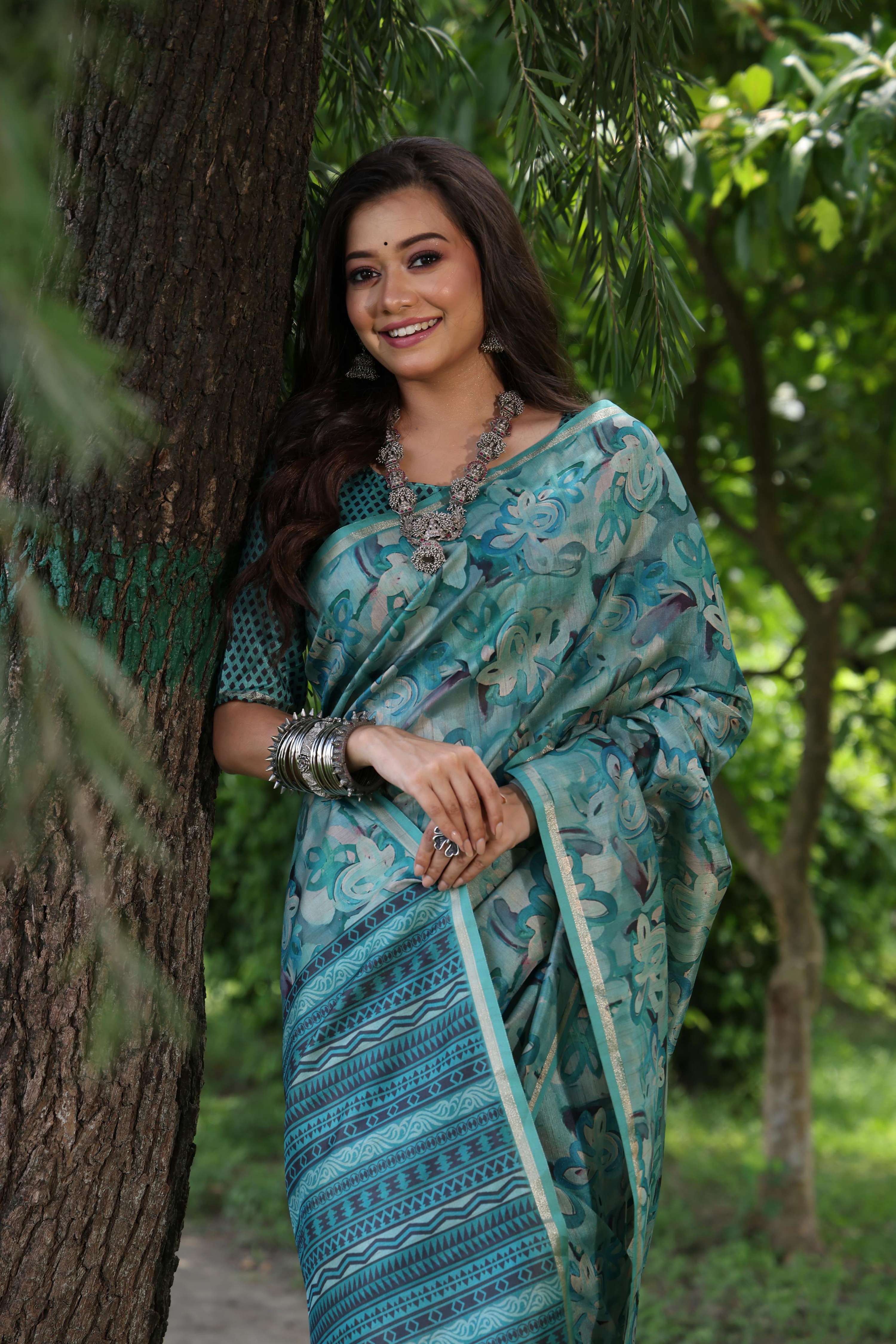 Jyoti Fashion Women's Sky Blue Soft Tussar Silk Printed and Zari Woven Saree with Blouse - Distacart