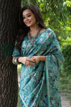 Jyoti Fashion Women's Sky Blue Soft Tussar Silk Printed and Zari Woven Saree with Blouse - Distacart