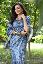 Jyoti Fashion Women's Blue Soft Tussar Silk Printed and Zari Woven Saree with Blouse - Distacart