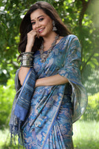 Jyoti Fashion Women's Blue Soft Tussar Silk Printed and Zari Woven Saree with Blouse - Distacart