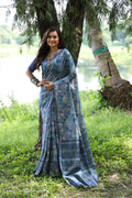 Jyoti Fashion Women's Blue Soft Tussar Silk Printed and Zari Woven Saree with Blouse - Distacart